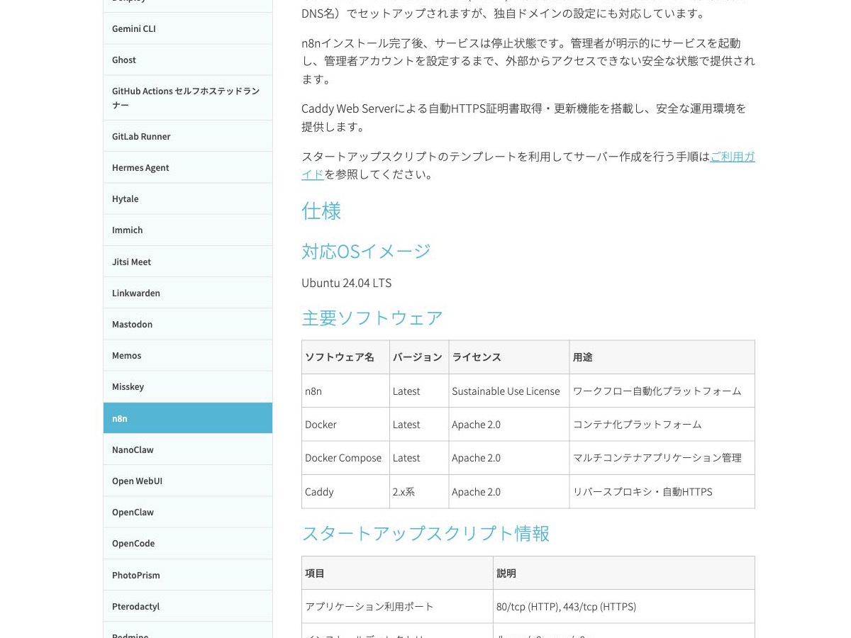 ConoHa公式n8nテンプレートのUbuntu 24.04、主要ソフトウェア、利用ポートを示す仕様画面