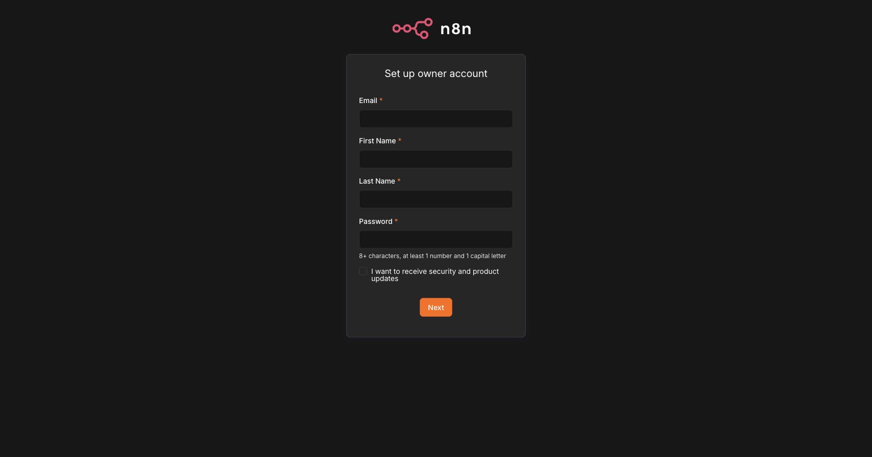 n8n 2.33.7の管理者アカウント作成画面。メール、氏名、パスワード入力欄を表示