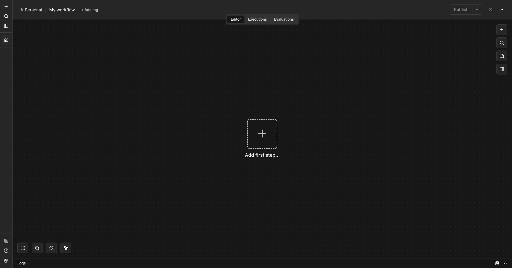 n8n 2.33.7の空のworkflow Editor画面。Add first stepを表示